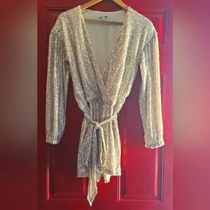 Fashion Nova Long Sleeve Off White (Cream) Sequin Romper Sz M